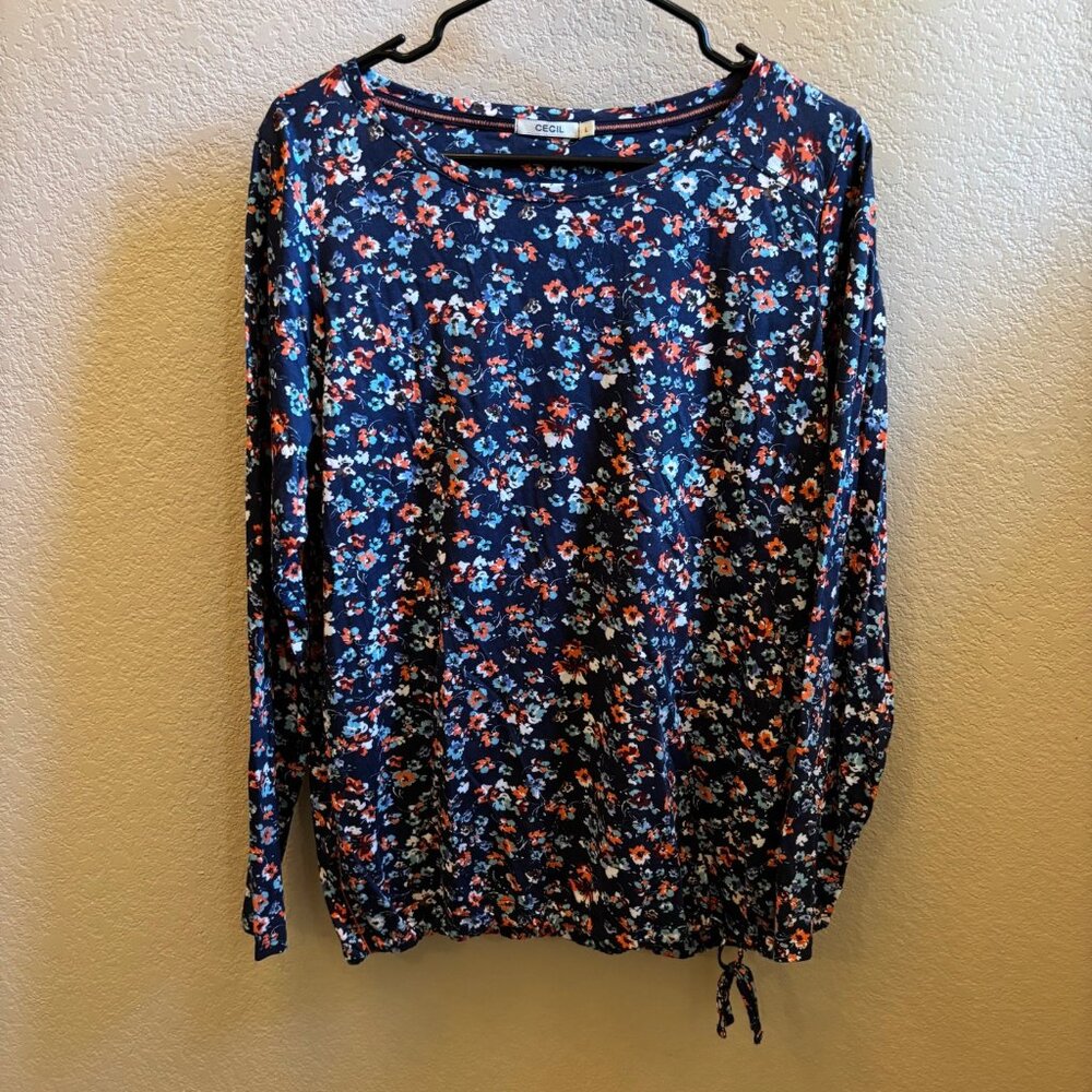 Cecil Women's long sleeve shirt drawstring waist , Large, Navy Blue with flowers